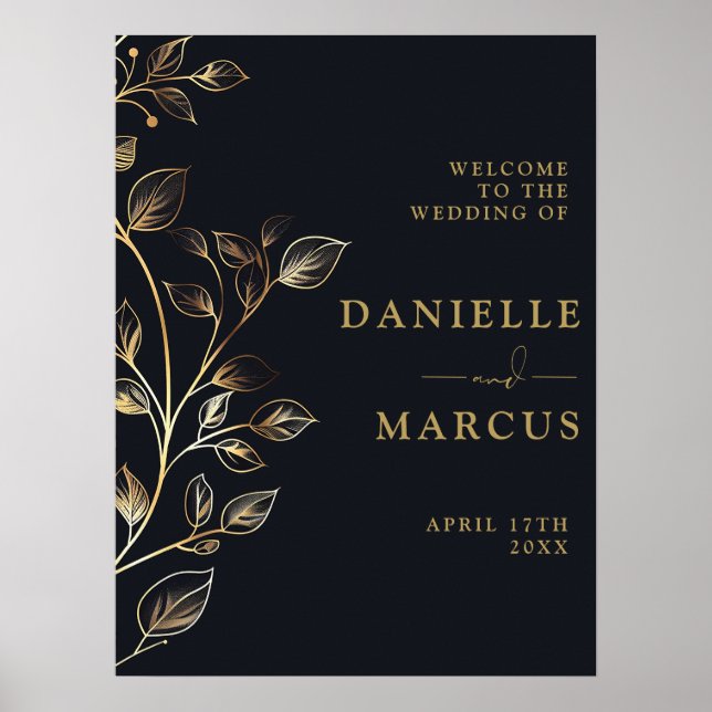 Póster Elegante Moda Boda Dorado Floral Signo de bienveni (Frente)