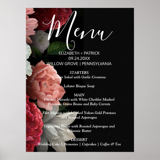 Póster Elegante moda borgoña floralRótulo de menú (Frente)