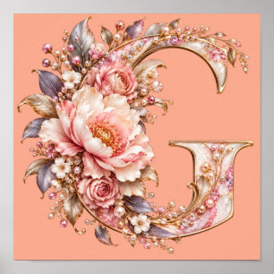 Póster Elegante Monograma de Flor de Peonía Rosa Claro Le
