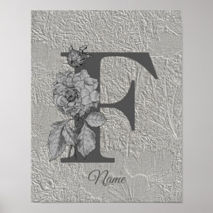 Póster Elegante Monograma Inicial F Peonía de Plata Tu No