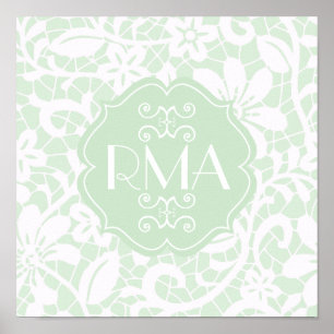 Póster Elegante Monograma personalizado de encaje verde d