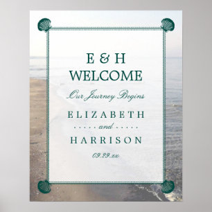 Póster Elegante Monograma y Verde azulada boda de playa d