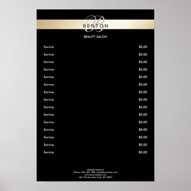 Póster Elegante Monogramo Black Gold Pricelist (Frente)