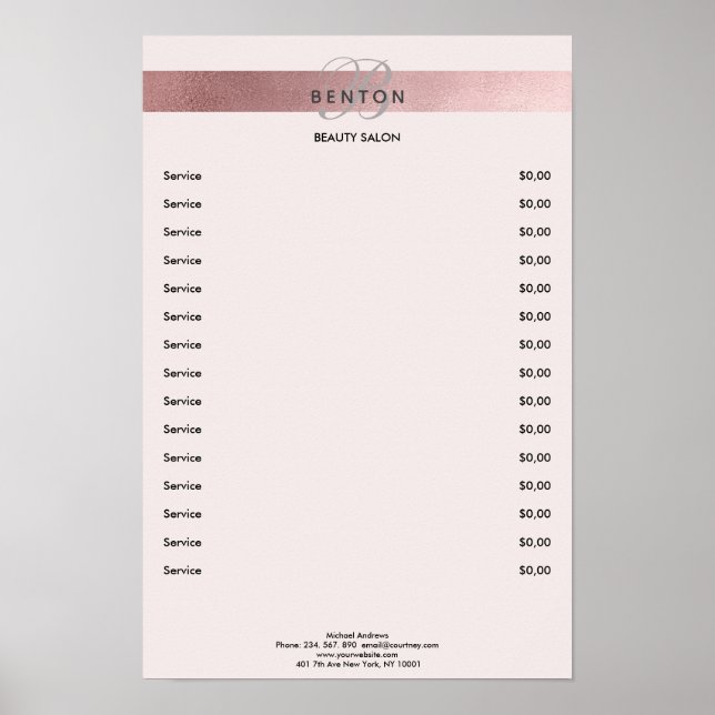 Póster Elegante Monogramo Lightpink Rosegold Pricelist (Frente)