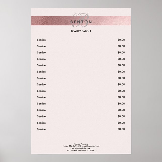 Póster Elegante Monogramo Lightpink Rosegold Pricelist (Frente)