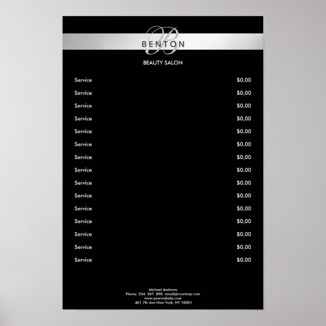 Póster Elegante Monogramo Poster de Precios Plata Negra (Frente)