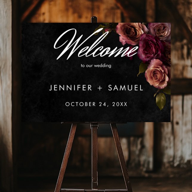 Póster Elegante Moody Amueblado Rust & Burgundy Floral We (Elegant Moody Muted Rust & Burgundy Floral Welcome Poster)