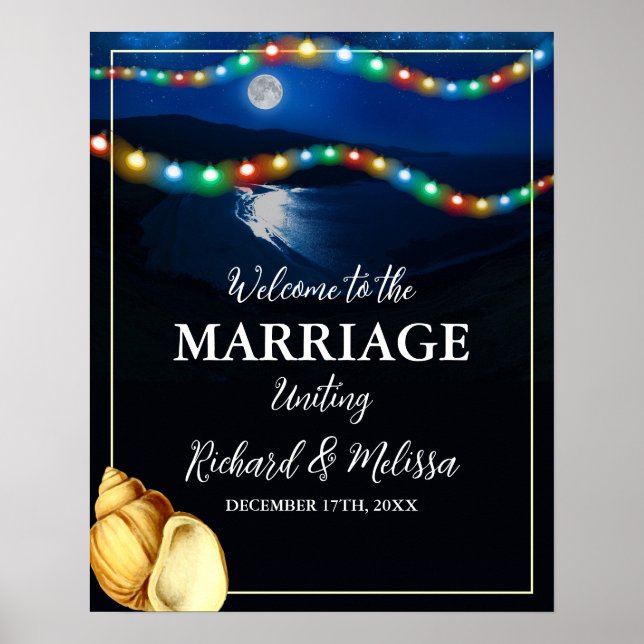 Póster Elegante Moonlit Beach Wedding Welcome (Frente)