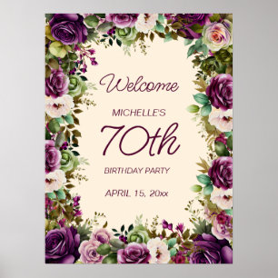 Póster Elegante Morado Acuarela Floral 70 cumpleaños