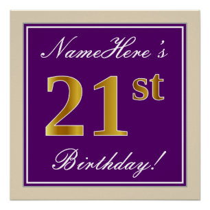 Póster Elegante, Morado, Dorado Falso Cumpleaños 21 + Nom