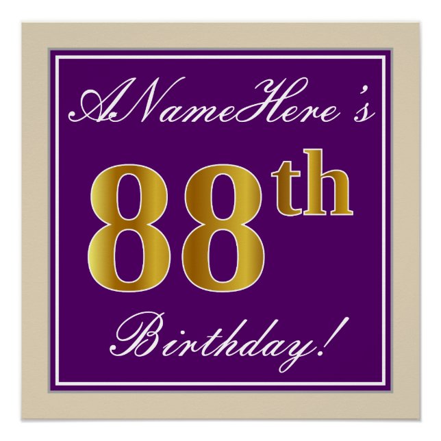Póster Elegante, Morado, Dorado Falso Cumpleaños 88 + Nom (Anverso)