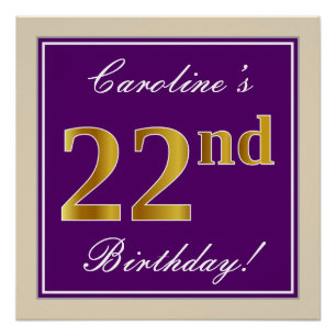 Póster Elegante, morado, falso oro 22 cumpleaños + nombre