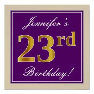 Póster Elegante, morado, falso oro 23 cumpleaños + nombre