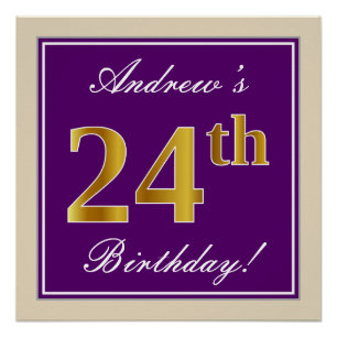 Póster Elegante, morado, falso oro 24 cumpleaños + nombre