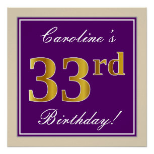 Póster Elegante, morado, falso oro 33 cumpleaños + nombre