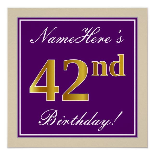 Póster Elegante, morado, falso oro 42 cumpleaños + nombre (Anverso)
