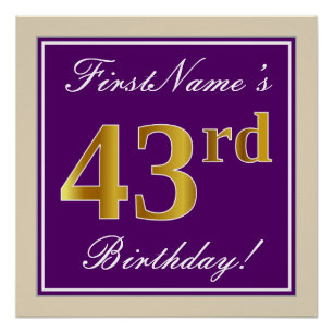 Póster Elegante, morado, falso oro 43 cumpleaños + nombre