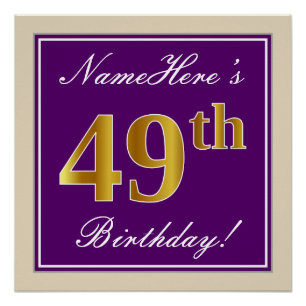 Póster Elegante, morado, falso oro 49 cumpleaños + nombre