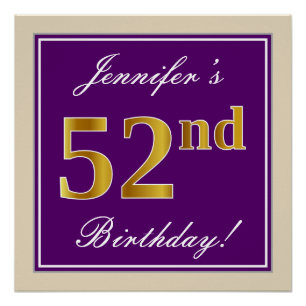 Póster Elegante, morado, falso oro 52 cumpleaños + nombre