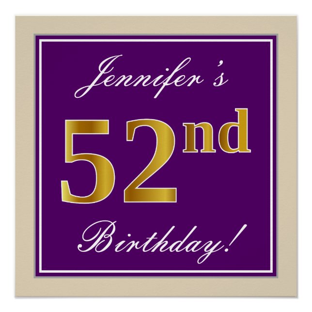 Póster Elegante, morado, falso oro 52 cumpleaños + nombre (Anverso)