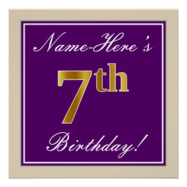 Póster Elegante, morado, falso oro 7 cumpleaños + nombre