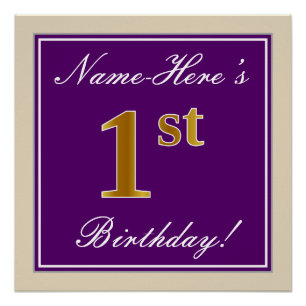 Póster Elegante, morado, falso oro primer cumpleaños + no