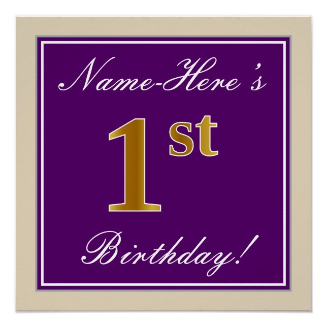 Póster Elegante, morado, falso oro primer cumpleaños + no (Anverso)