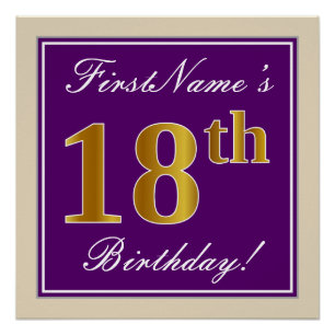 Póster Elegante, morado, oro falso 18 cumpleaños + nombre