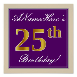 Póster Elegante, morado, oro falso 25 cumpleaños + nombre