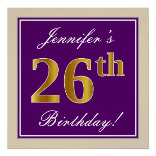 Póster Elegante, morado, oro falso 26 cumpleaños + nombre
