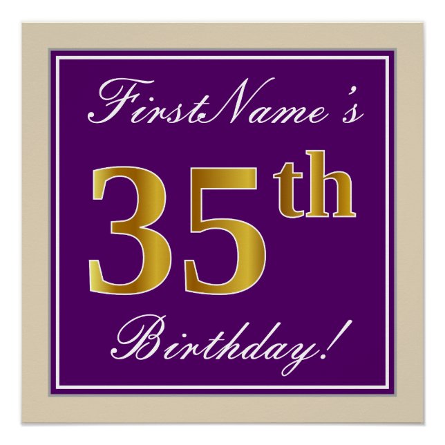 Póster Elegante, morado, oro falso 35 cumpleaños + nombre (Anverso)