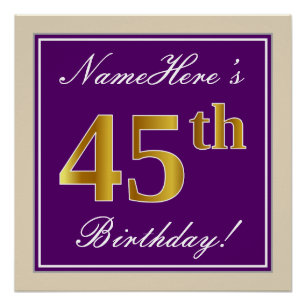 Póster Elegante, morado, oro falso 45 cumpleaños + nombre