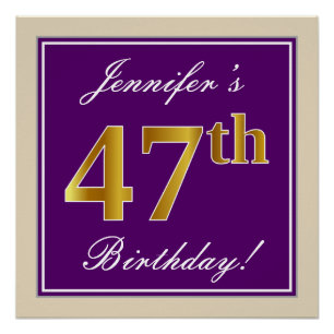 Póster Elegante, morado, oro falso 47 cumpleaños + nombre