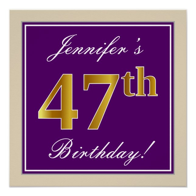 Póster Elegante, morado, oro falso 47 cumpleaños + nombre (Anverso)