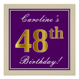 Póster Elegante, morado, oro falso 48 cumpleaños + nombre