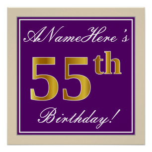 Póster Elegante, morado, oro falso 55 cumpleaños + nombre