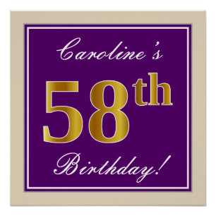 Póster Elegante, morado, oro falso 58 cumpleaños + nombre