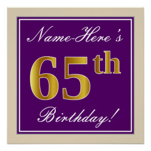Póster Elegante, morado, oro falso 65 cumpleaños + nombre