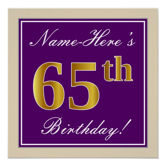 Póster Elegante, morado, oro falso 65 cumpleaños + nombre (Anverso)