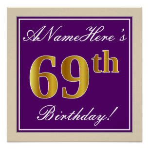 Póster Elegante, morado, oro falso 69 cumpleaños + nombre