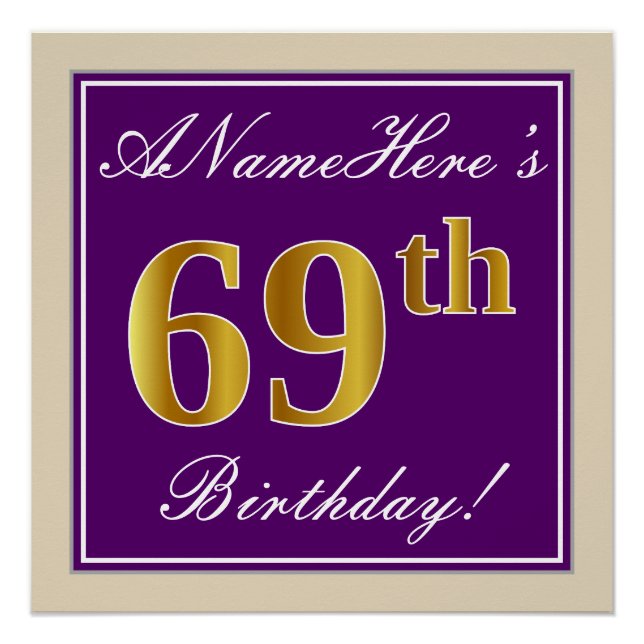 Póster Elegante, morado, oro falso 69 cumpleaños + nombre (Anverso)