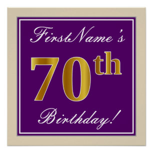 Póster Elegante, morado, oro falso 70 cumpleaños + nombre