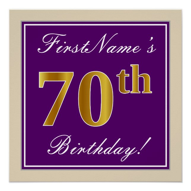 Póster Elegante, morado, oro falso 70 cumpleaños + nombre (Anverso)