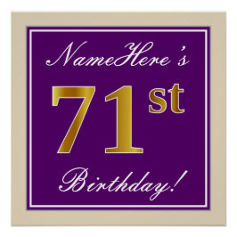 Póster Elegante, morado, oro falso 71 cumpleaños + nombre