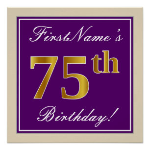 Póster Elegante, morado, oro falso 75 cumpleaños + nombre