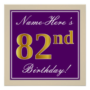 Póster Elegante, morado, oro falso 82 cumpleaños + nombre