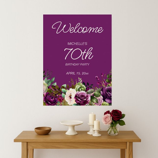 Póster Elegante morado rosado floral 70 cumpleaños (Elegant purple and pink watercolor floral 70th birthday party Welcome poster)