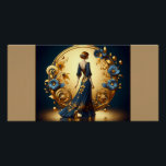 Póster Elegante mujer Art Deco en oro y azul<br><div class="desc">Este impresionante ilustracion art decó capta la elegancia atemporal de una mujer encapuchada en un traje azul marino, adornado con intrincados adornos florales de oro. Enmarcado por un lujoso arco dorado con motivos decorativos ornamentales y delicadas flores azules y doradas, la composición exuda sofisticación y glamour vintage. La armoniosa mezcla...</div>