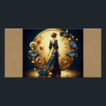 Póster Elegante mujer Art Deco en oro y azul<br><div class="desc">Este impresionante ilustracion art decó capta la elegancia atemporal de una mujer encapuchada en un traje azul marino, adornado con intrincados adornos florales de oro. Enmarcado por un lujoso arco dorado con motivos decorativos ornamentales y delicadas flores azules y doradas, la composición exuda sofisticación y glamour vintage. La armoniosa mezcla...</div>
