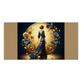 Póster Elegante mujer Art Deco en oro y azul